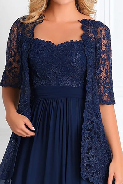 WEDTREND Women Elegant Navy Mother Of the Bride Dress with 3/4 Sleeves A Line Boat Neck Chiffon Lace Applique Long Formal Dress, Navy / US10