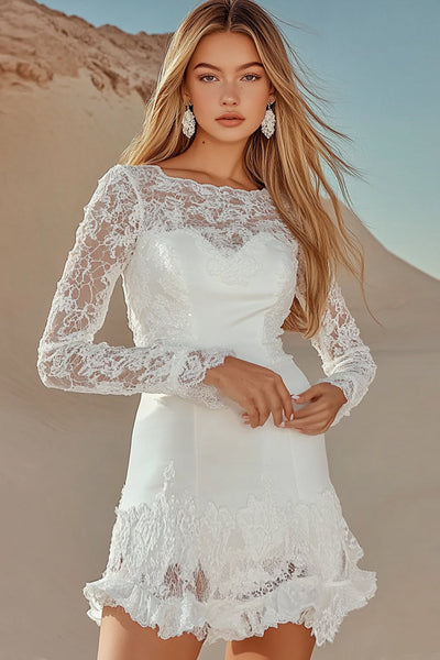 Wedtrend Women Graduation Dress with Lace Appliques Boat Neck Long Sleeves  Short Little White Dress – WEDTREND