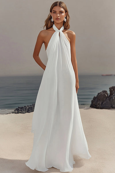 Wedtrend Women White Formal Dress Halter A Line Sleeveless Engagement Dress  Long Maxi Dress – WEDTREND
