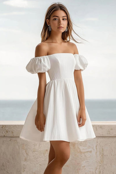 Wedtrend Women White Off The Shoulder Graduation Dress Puff Sleeve A Line  Mini Ceremony Dress – WEDTREND