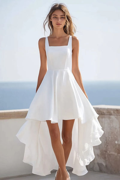 high neck graduation dress WEDTREND Mother Simple White With Ruffles Square High-Low A Line Engagement Dress, White / US26W line hem adds playful nypopup length:38 Cute Baby Girl Lace
