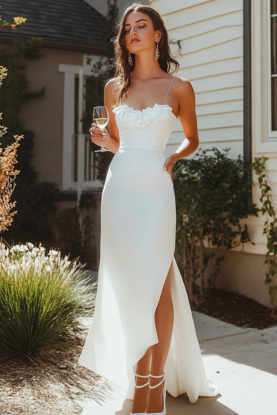 Wedtrend Women White Graduation Dress with Slit Spaghetti Straps Chiffon Grad Ceremony Dress, White / US4