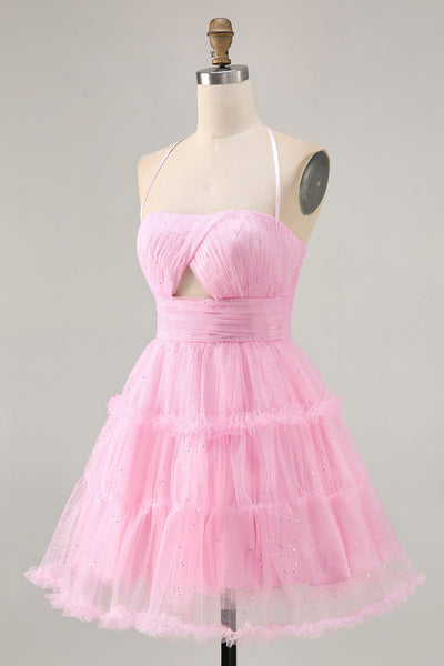 Simple Pink Chiffon A Line Short Homecoming Dress Halter Cocktail Dress Birthday Outfits cc3100