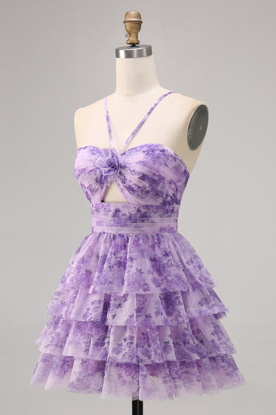 Classy Halter Purple Chiffon Ruffle Short Homecoming Dress Cocktail Dress main image 0