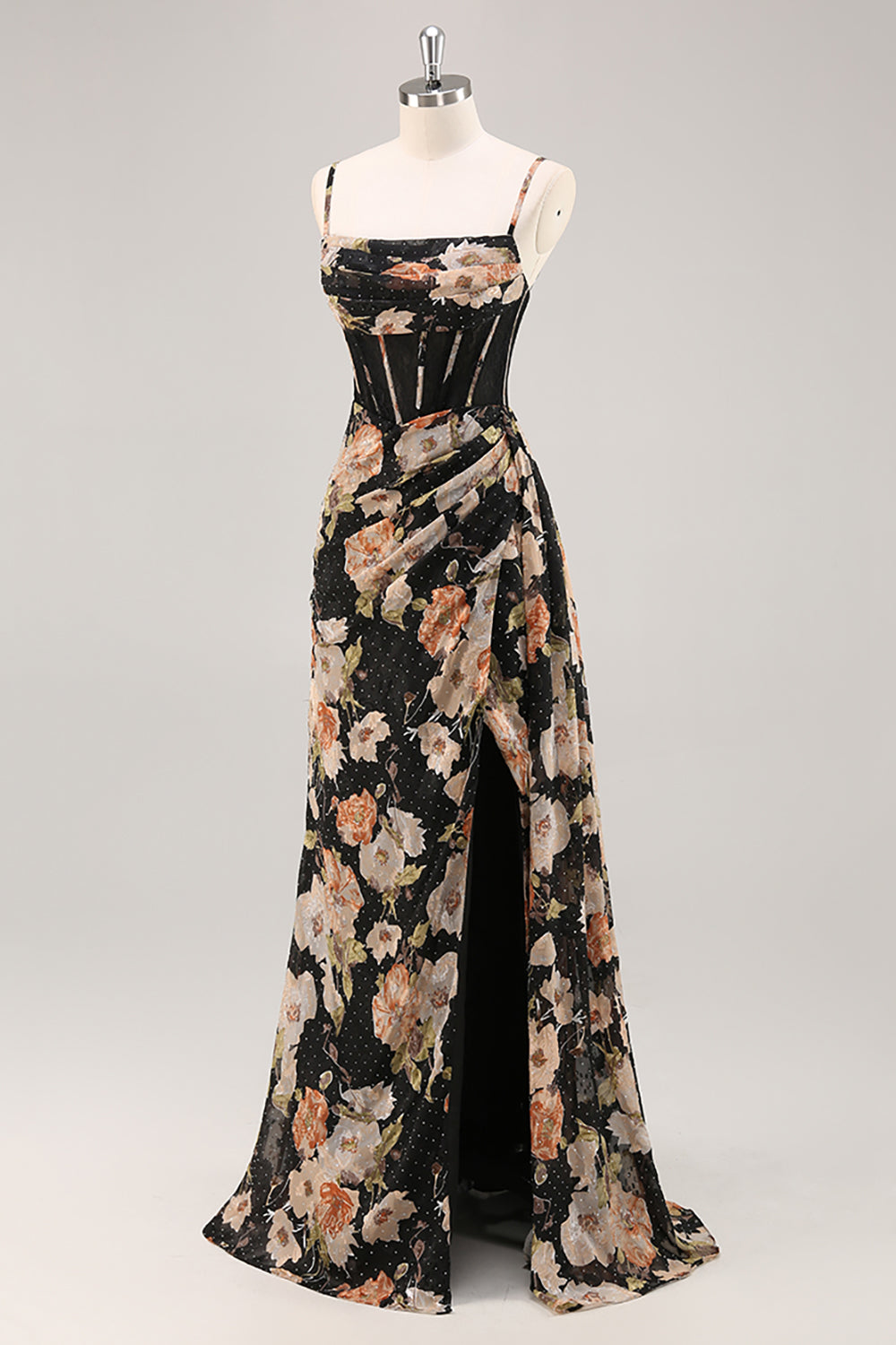 Black Flower Sheath Corset Ruched Beaded Maxi Dress with Slit