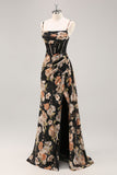 Black Flower Sheath Corset Ruched Beaded Maxi Dress with Slit
