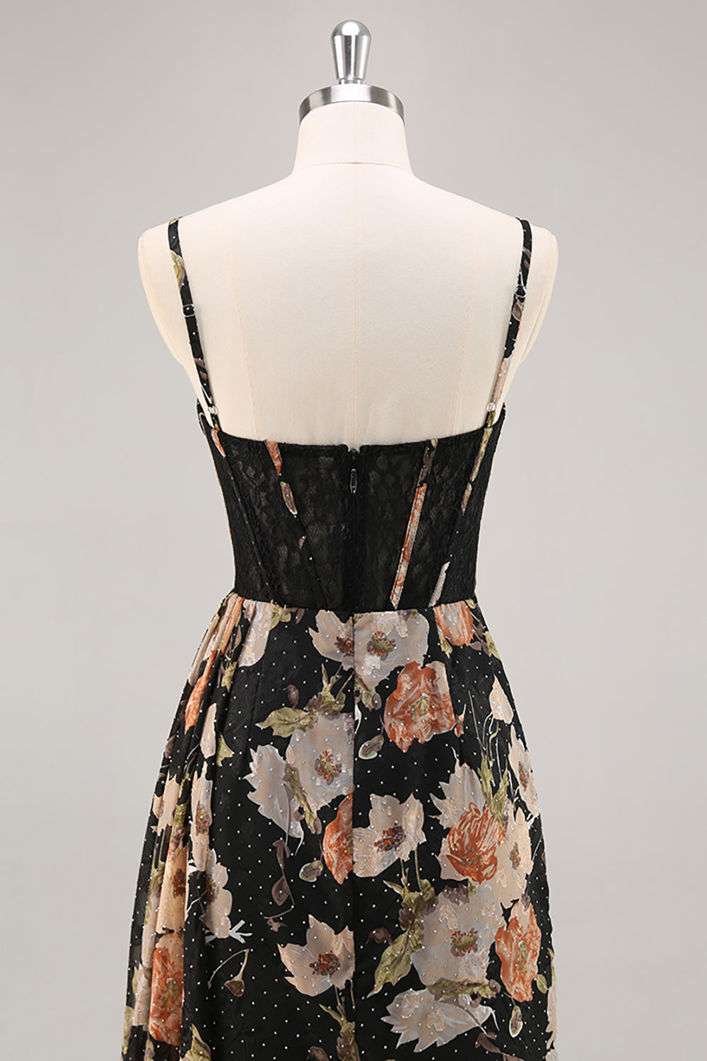 Black Flower Sheath Corset Ruched Beaded Maxi Dress with Slit