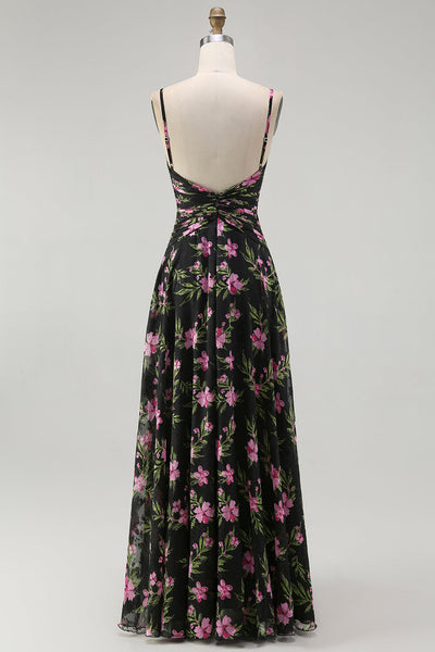 black floral bridesmaid dresses WEDTREND Women Pink Long Dress A Line Spaghetti Straps Backless Chiffon Wedding Guest Dress, Black Pink Flower / US14 Black and Pink Hi-lo Sleeve Length scheels2 Size:FR 48 - Preorder