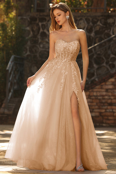 WEDTREND Women Strapless Champagne Long Prom Dress with Slit A Line