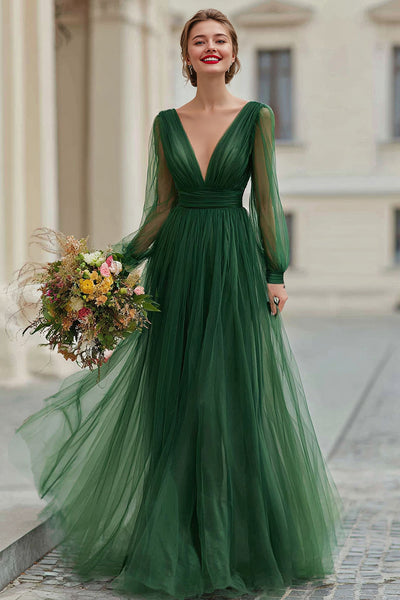 WEDTREND Women Elegant Dark Green Bridesmaid Dress A-Line V-Neck Long Sleeves Pleated Wedding Guest Dress, chiffon color / US6