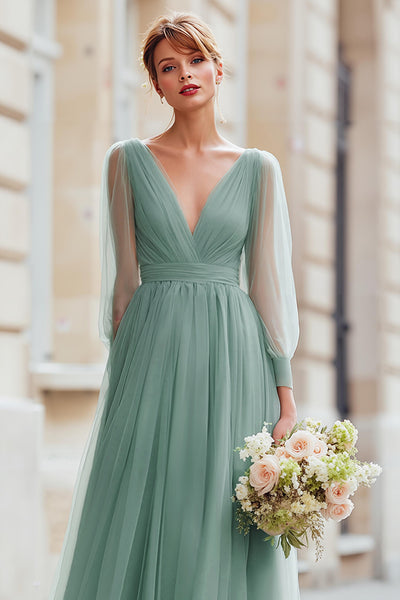 WEDTREND Women Eucalyptus Pleated Bridesmaid Dress A-Line V-Neck Long  Wedding Guest Dress