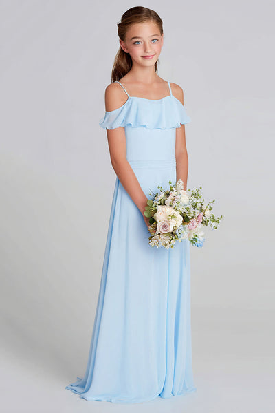 WEDTREND Women Sky Blue Junior Bridesmaid Dress Chiffon A Line Cold Shoulder Wedding Guest Dress, Sky Blue / J16