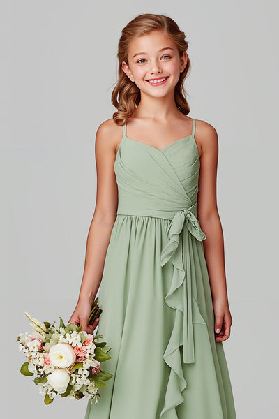 WEDTREND Women Sage Green Long Junior Bridesmaid Dress Ruffled A-Line Chiffon Spaghetti Straps Wedding Guest Dress, Sage Green / J12