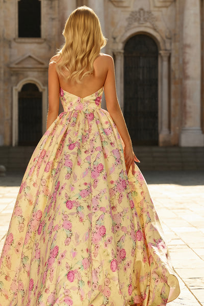 WEDTREND Women Yellow Pink Flower Prom Dress A Line V Neck Long Party Dress with Slit, Yellow Pink Flower / US18W
