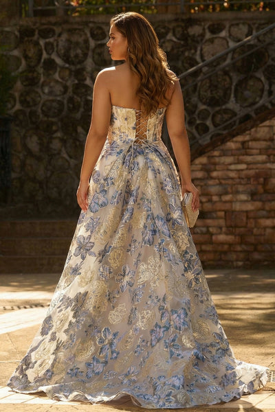 WEDTREND Women Dusty Blue Plus Size Long Prom Dress with Slit A Line  Strapless Corset Floral Jacquard Satin Wedding Party Dress with Lace Up Back