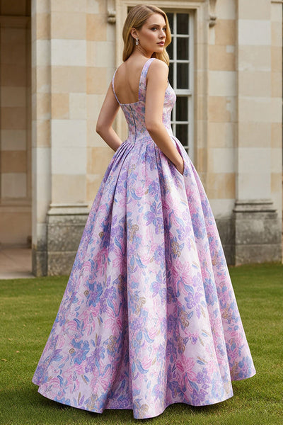 WEDTREND Women Lilac Floral Wedding Guest Dress A Line Square Neck Long  Bridesmaid Dress