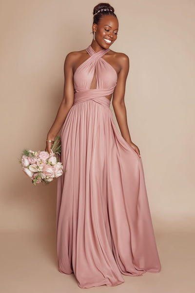 WEDTREND Women Dusty Rose Halter Long Bridesmaid Dress A Line Ruched Cut Out Chiffon Wedding Guest Dress, Dusty Rose / US20W