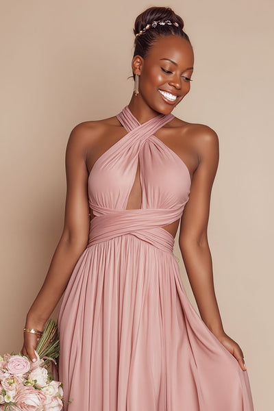 WEDTREND Women Dusty Rose Halter Long Bridesmaid Dress A Line Ruched Cut Out Chiffon Wedding Guest Dress, Dusty Rose / US20W