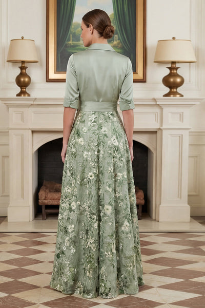 WEDTREND Women Sage Green A Line Long Mother of the Bride Dress with Sleeves Floral Notched Lapel Satin Wedding Guest Dress with Bow, Apricot / US6