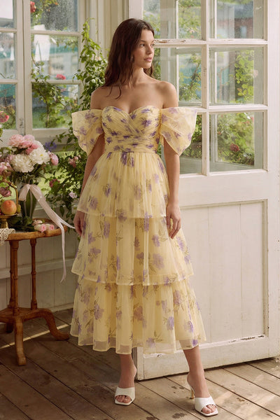 Wedtrend Women Off the Shoulder Midi Wedding Guest Dress Yellow Floral A Line Tiered Ruched Spring Dress, Yellow Flower / US26W