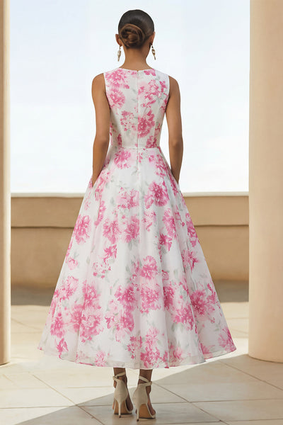Wedtrend Women White Floral Wedding Guest Dress Round Neck A Line Midi Party Dress with Pockets, White Fuchsia Flower / US2
