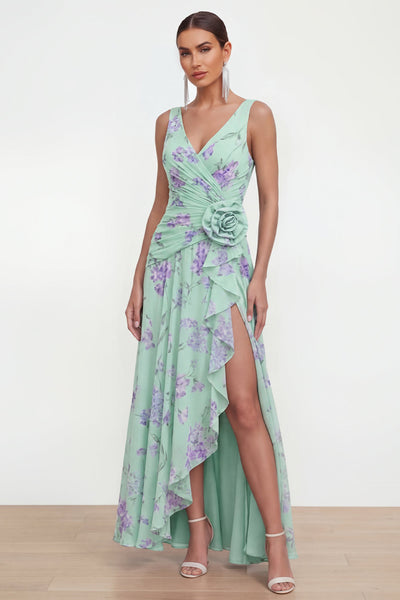 Wedtrend Women Green Wedding Guest Dress with 3D Flowers V Neck Ruched A Line Ruffled Maxi Party Dress with Slit, Blue Pink Flower / US2