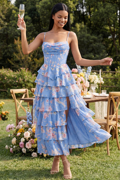 Wedtrend Women Blue Floral Wedding Guest Dress Tiered A Line Basque Midi Summer Dress with Slit, Blue / US8