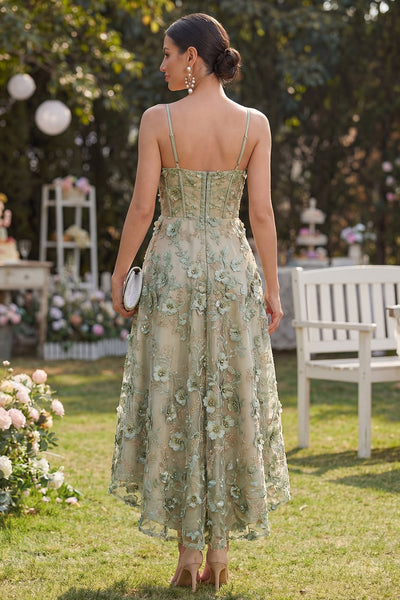 Wedtrend Women Dusty Green Floral Wedding Guest Dress Corset Applique A Line High-Low Party Dress, Dusty Green / US8