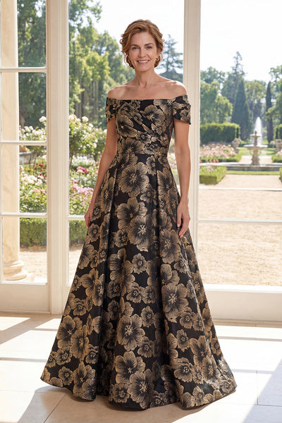 Wedtrend Women Black Floral Mother of The Bride Dress A Line Off The Shoulder Long Evening Dress, Black / US2