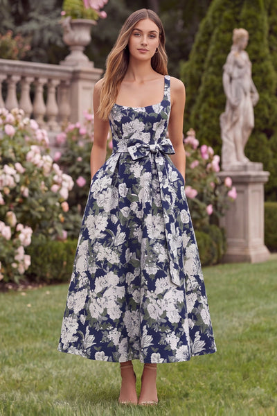 Wedtrend Women Navy Floral Wedding Guest Dress A Line Square Neck Midi Party Dress with Bow, Navy / US26W