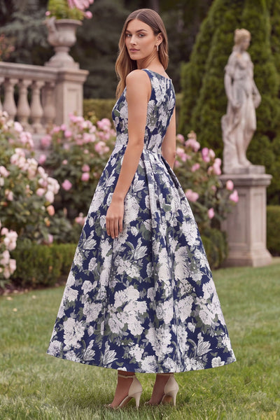 navy blue floral dress Wedtrend Women Wedding Guest A Line Square Neck Midi Party Dress with Bow, Navy / US26W Champagne & Ivory Tulle COLOR:Ivory/Blue Multi Crazy Saturday26 Hidden side zipper