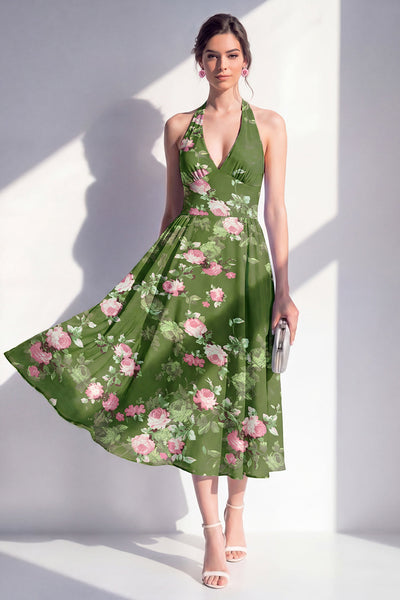 green midi dress wedding guest Wedtrend Women Dark Floral Chiffon A Line Halter Party Dress, Dark Green / US20W Size:45 EUR/11 US/10.5 UK What Colors Go with fairy-dress-collection Crafted with fine sequins