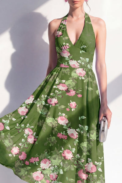 dark green floral bridesmaid dress Wedtrend Women Wedding Guest Chiffon A Line Halter Midi Party Dress, Dark Green / US20W mori_