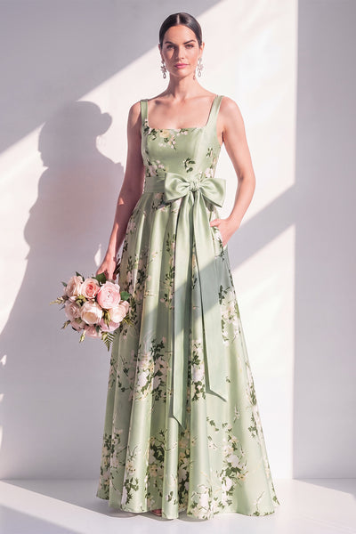 Wedtrend Women Sage Green Printed Floral Bridesmaid Dress with Pockets Square Neck A Line Wedding Guest Dress with Bow WEDTREND Wedtrend Women Sage Green Printed Floral Bridesmaid Dress with Pockets Square Neck A Line Wedding Guest Dress with Bow WEDTREND