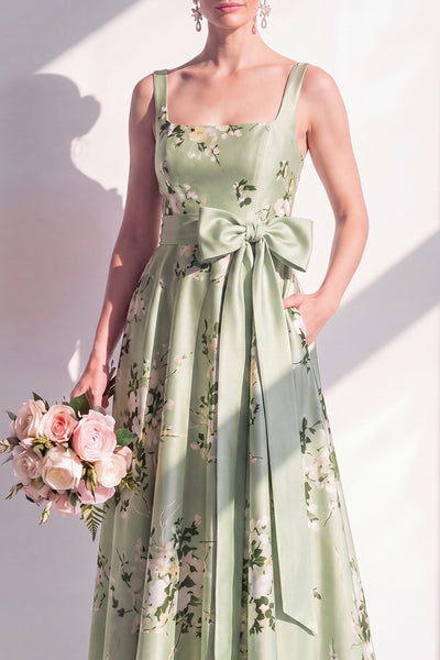 Wedtrend Women Sage Green Printed Floral Bridesmaid Dress with Pockets  Square Neck A Line Wedding Guest Dress with Bow  WEDTREND