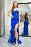 Royal Blue Mermaid Spaghetti Straps Sequins Long Prom Dress with Split Front
