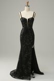 Black Mermaid Spaghetti Straps Sequins Long Prom Dress with Split Front