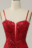 Red Mermaid Spaghetti Straps Sequins Long Prom Dress with Split Front
