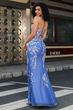 Mermaid Spaghetti Strap Long Blue Prom Dress with Appliques Beading