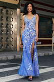 Mermaid Spaghetti Strap Long Blue Prom Dress with Appliques Beading