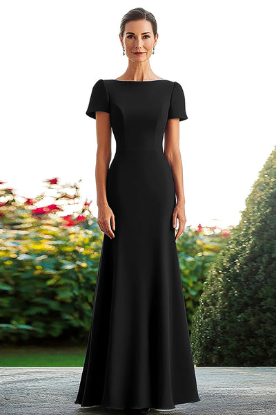 WEDTREND Women Black Mother Of The Bride Dress Bateau Neck Short Sleeve A Line Long Formal Dress, Ink Blue / US2