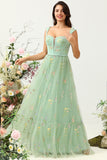 Green A-Line Square Neck Long Party Dress with Embroidery