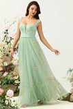 Green A-Line Square Neck Long Party Dress with Embroidery