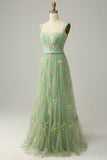 Green A-Line Square Neck Prom Dress with Embroidery
