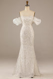 Ivory Mermaid Off The Shoulder Sweep Train Wedding Dress with Sequins