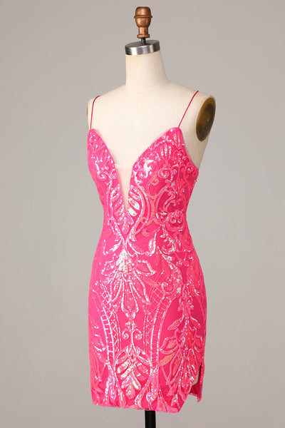 Sparkly Pink Spaghetti Straps Sequin Sheath Cocktail Dress Formal 6th Grade Homecoming Dress Y9330