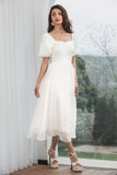 Elegant White A Line Square Neck Pleated Graduation Dress with Puff Sleeves