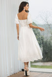 Elegant White A Line Square Neck Pleated Graduation Dress with Puff Sleeves