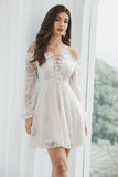 Cute A Line Off the Shoulder Lace Short Graduation Dress with Long Sleeves