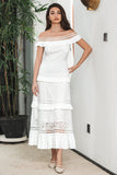 Classy Sheath Tiered Long Boho White Graduation Dress with Lace